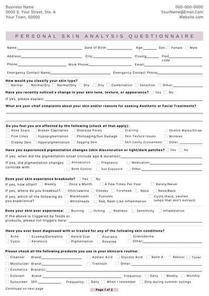 FREE DOCUMENT. SKIN ANALYSIS FORM .EDIT THEM ACCORDINGLY