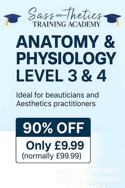 Advertisement for Sass-thetics Training Academy's Anatomy & Physiology Level 3 & 4 course with a 90% discount offer.
