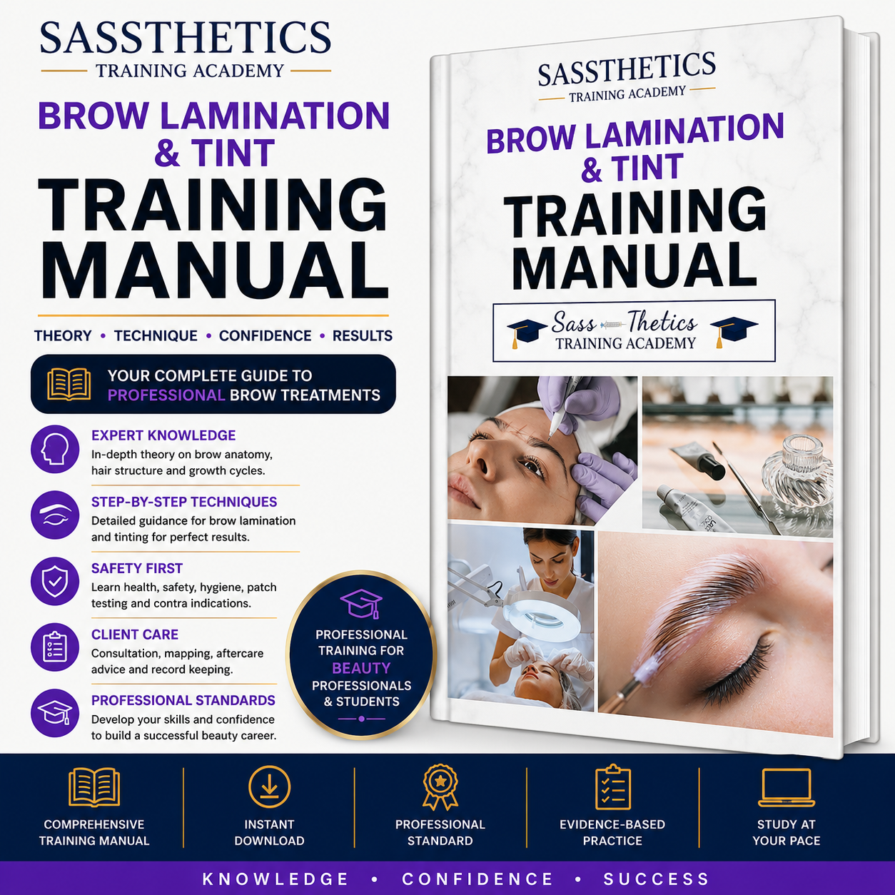 Professional Brow Lamination & Tint Training Manual by Sassthetics Training Academy featuring brow mapping, lamination techniques, eyebrow tinting, consultation, aftercare and professional beauty training guidance.