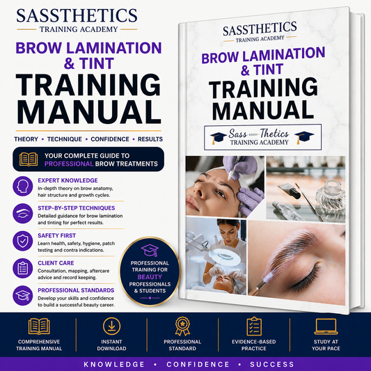 Professional Brow Lamination & Tint Training Manual by Sassthetics Training Academy featuring brow mapping, lamination techniques, eyebrow tinting, consultation, aftercare and professional beauty training guidance.