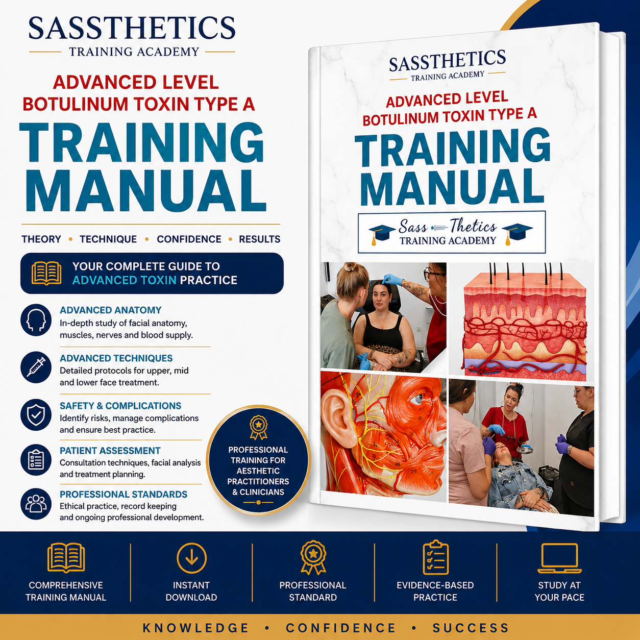 Advanced Botulinum Toxin Type A Training Manual by Sassthetics Training Academy featuring advanced facial anatomy, injection techniques, treatment planning and complication management for aesthetic practitioners.