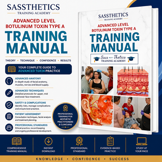 Advanced Botulinum Toxin Type A Training Manual by Sassthetics Training Academy featuring advanced facial anatomy, injection techniques, treatment planning and complication management for aesthetic practitioners.