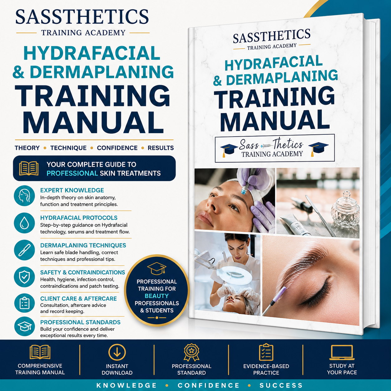 Professional Hydrafacial & Dermaplaning Training Manual by Sassthetics Training Academy featuring Hydrafacial treatment protocols, dermaplaning techniques, consultation, skin anatomy and aftercare guidance.