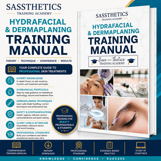 Professional Hydrafacial & Dermaplaning Training Manual by Sassthetics Training Academy featuring Hydrafacial treatment protocols, dermaplaning techniques, consultation, skin anatomy and aftercare guidance.