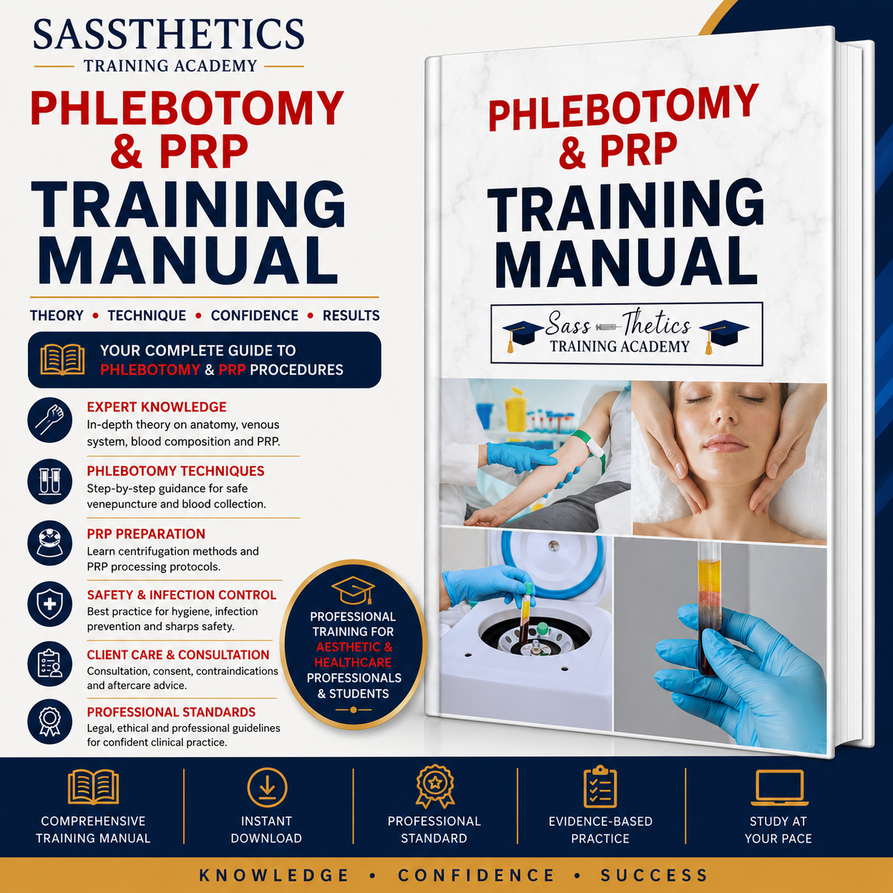 Professional Phlebotomy & PRP Training Manual digital PDF covering venepuncture, Platelet Rich Plasma preparation, consultation, infection control, complications and aftercare by Sassthetics Training Academy.