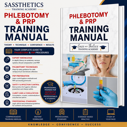 Professional Phlebotomy & PRP Training Manual digital PDF covering venepuncture, Platelet Rich Plasma preparation, consultation, infection control, complications and aftercare by Sassthetics Training Academy.