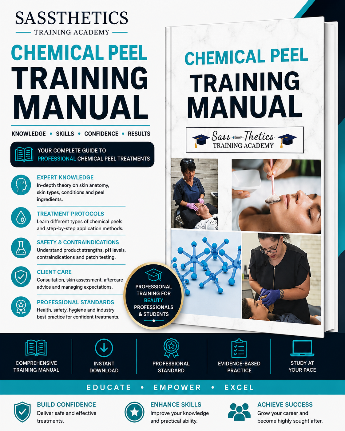 Professional Chemical Peel Training Manual digital PDF covering skin anatomy, chemical peel acids, consultation, contraindications, treatment protocols and aftercare by Sassthetics Training Academy.