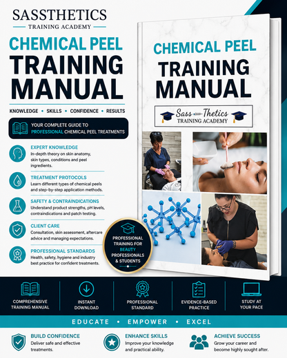 Professional Chemical Peel Training Manual digital PDF covering skin anatomy, chemical peel acids, consultation, contraindications, treatment protocols and aftercare by Sassthetics Training Academy.