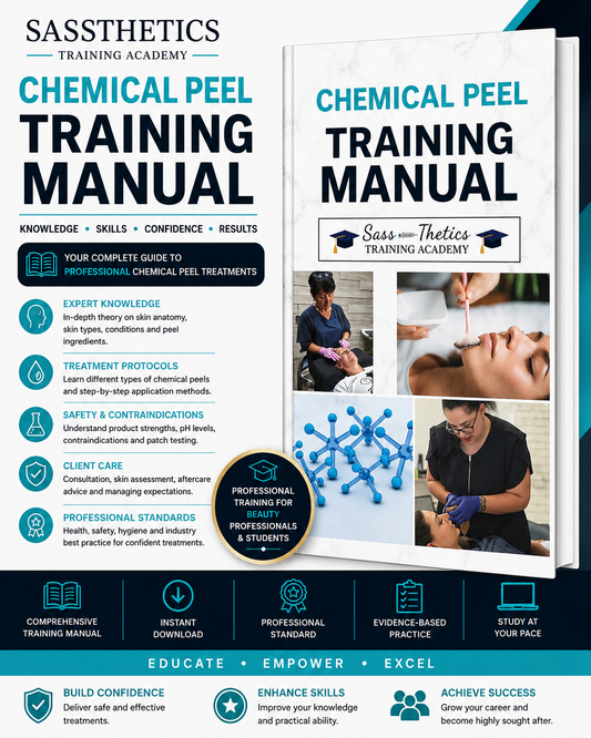 Professional Chemical Peel Training Manual digital PDF covering skin anatomy, chemical peel acids, consultation, contraindications, treatment protocols and aftercare by Sassthetics Training Academy.