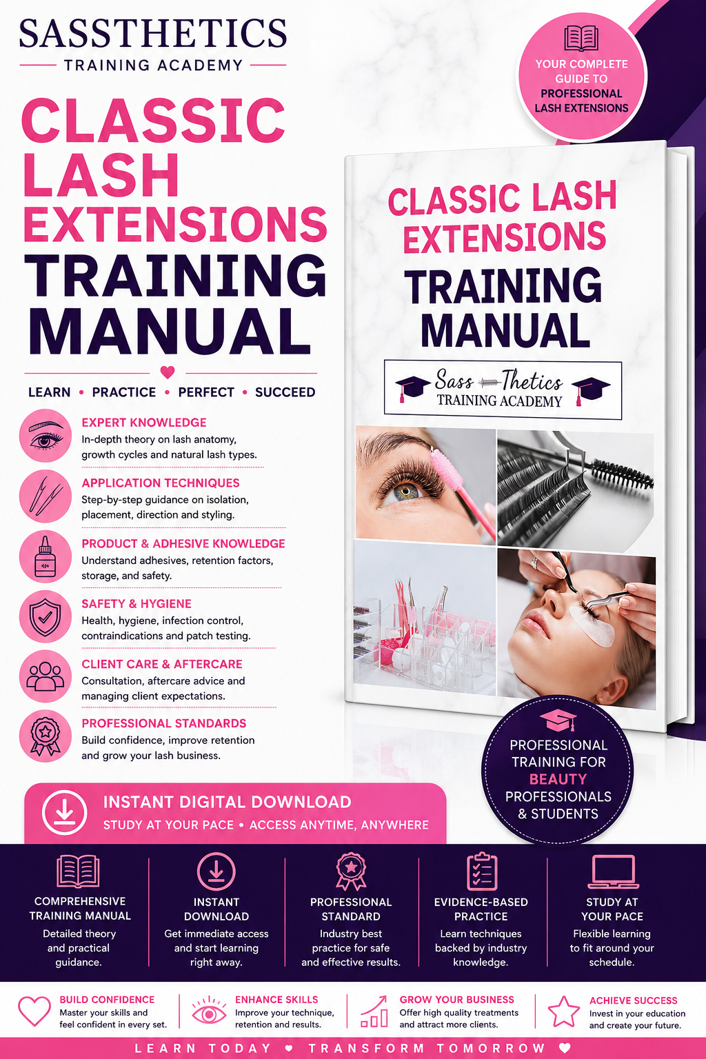 Classic Lash Extensions Training Manual by Sassthetics Training Academy featuring lash anatomy, application techniques, lash mapping, health and safety, consultation and aftercare guidance.