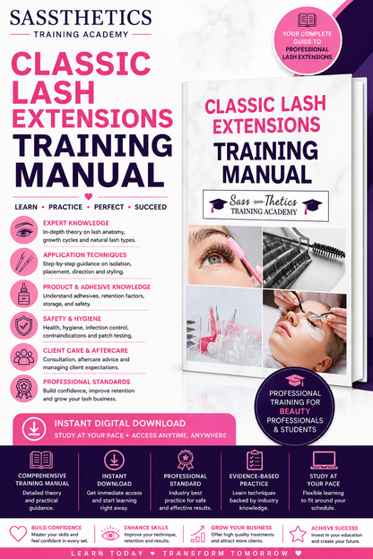 Classic Lash Extensions Training Manual by Sassthetics Training Academy featuring lash anatomy, application techniques, lash mapping, health and safety, consultation and aftercare guidance.