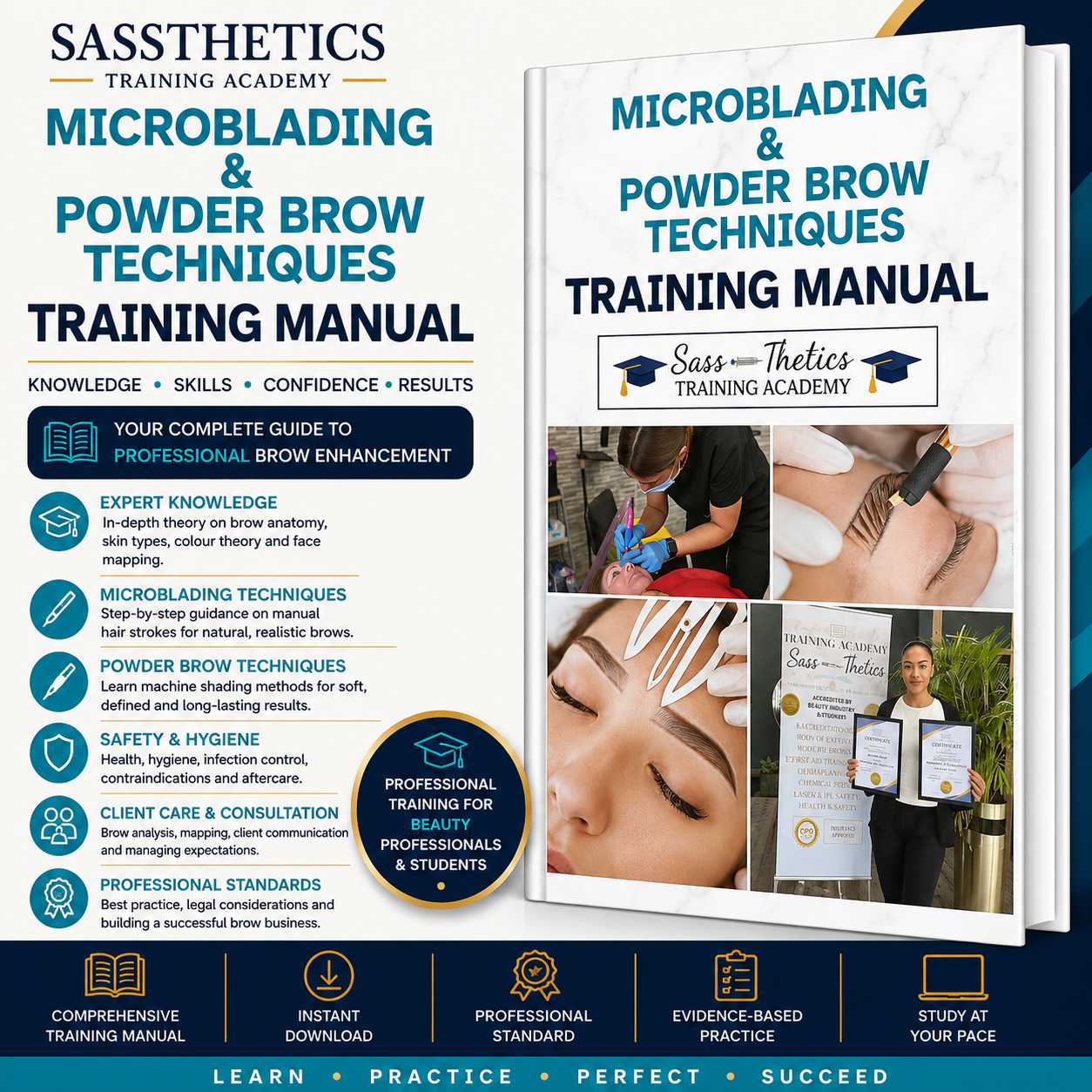 Microblading and Powder Brow Techniques Training Manual digital download by Sassthetics Training Academy featuring brow mapping, PMU techniques and professional training guidance.