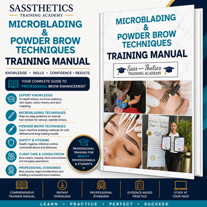Microblading and Powder Brow Techniques Training Manual digital download by Sassthetics Training Academy featuring brow mapping, PMU techniques and professional training guidance.