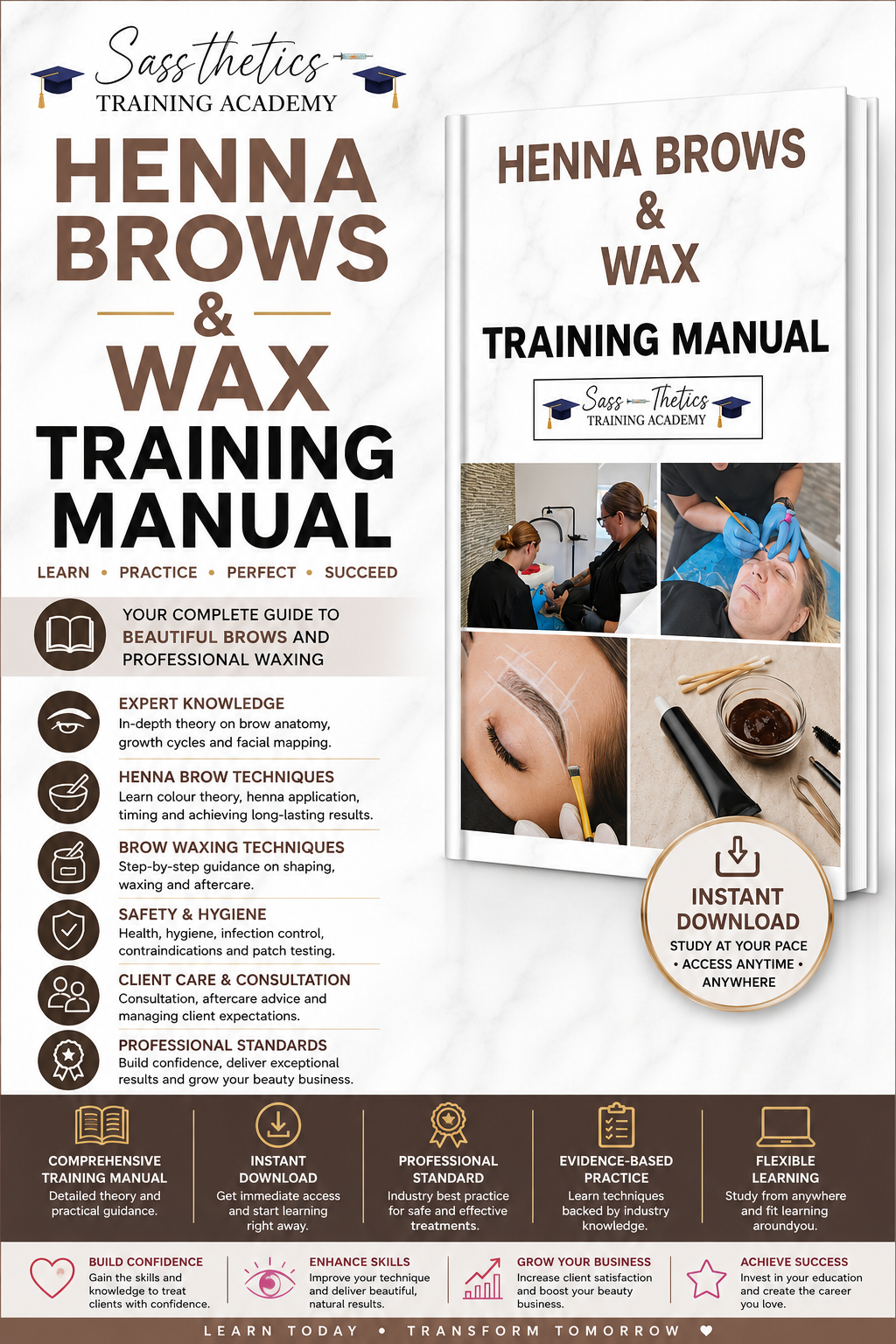 Henna Brows and Brow Wax Training Manual by Sassthetics Training Academy featuring brow mapping, henna application, waxing techniques, consultation, health and safety, and aftercare guidance.