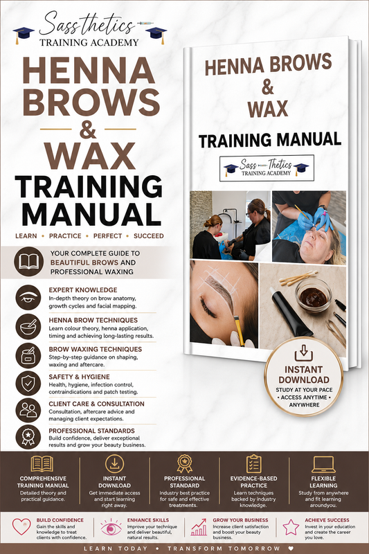 Henna Brows and Brow Wax Training Manual by Sassthetics Training Academy featuring brow mapping, henna application, waxing techniques, consultation, health and safety, and aftercare guidance.