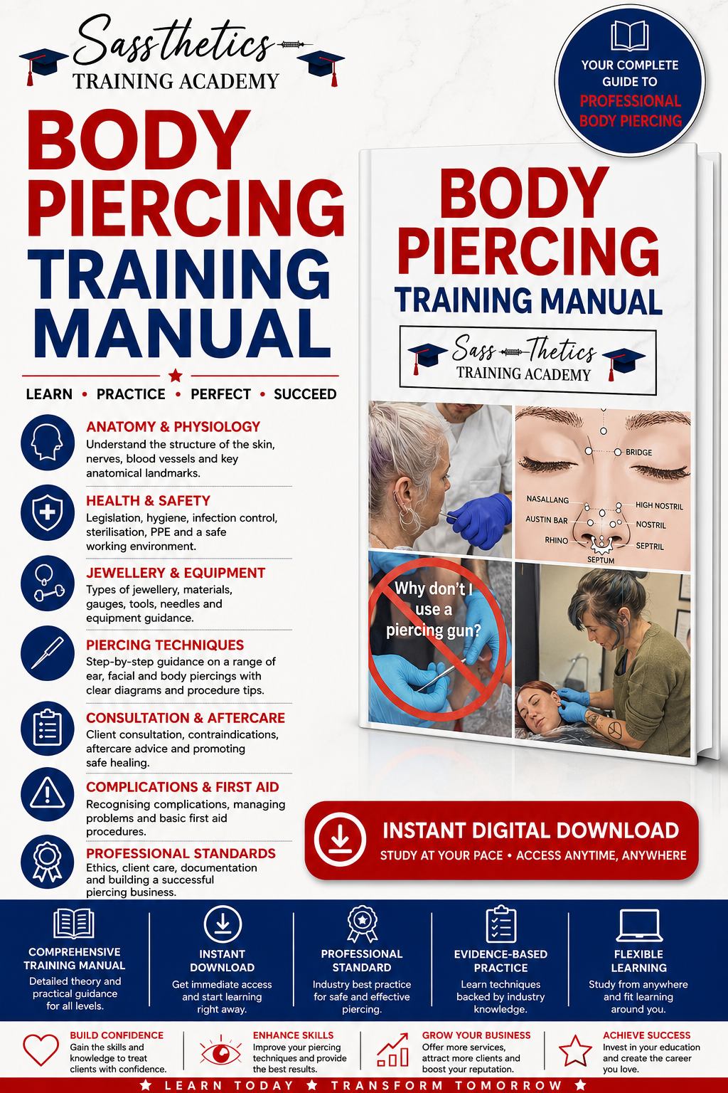 Professional Body Piercing Training Manual by Sassthetics Training Academy featuring piercing anatomy, needle techniques, jewellery selection, infection control, consultation procedures and aftercare guidance for professional piercers.