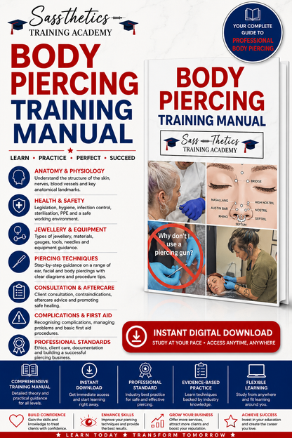 Professional Body Piercing Training Manual by Sassthetics Training Academy featuring piercing anatomy, needle techniques, jewellery selection, infection control, consultation procedures and aftercare guidance for professional piercers.