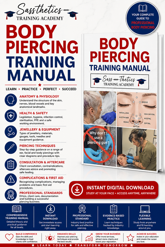 Professional Body Piercing Training Manual by Sassthetics Training Academy featuring piercing anatomy, needle techniques, jewellery selection, infection control, consultation procedures and aftercare guidance for professional piercers.