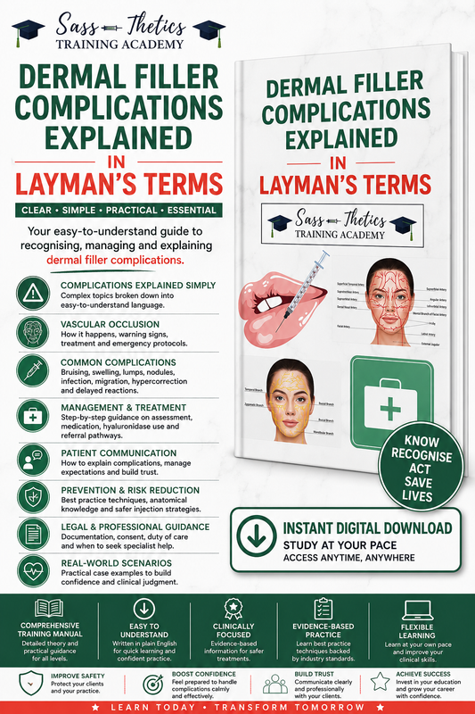 Dermal Filler Complications Explained in Layman’s Terms training manual by Sassthetics Training Academy covering vascular occlusion, facial anatomy, complication recognition, emergency management and patient safety for aesthetic practitioners.