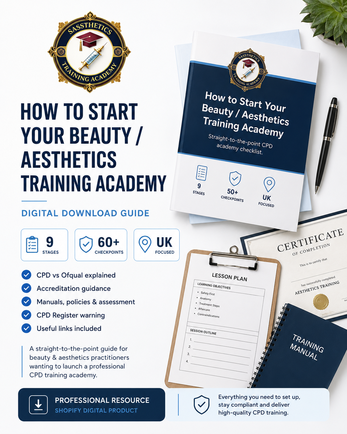Sassthetics digital download guide showing how to start a beauty and aesthetics training academy with 16 editable templates.