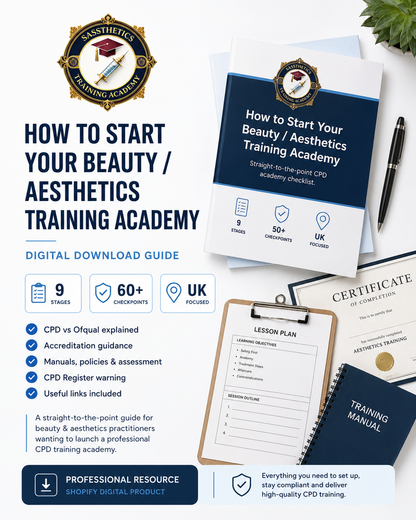 Sassthetics digital download guide showing how to start a beauty and aesthetics training academy with 16 editable templates.