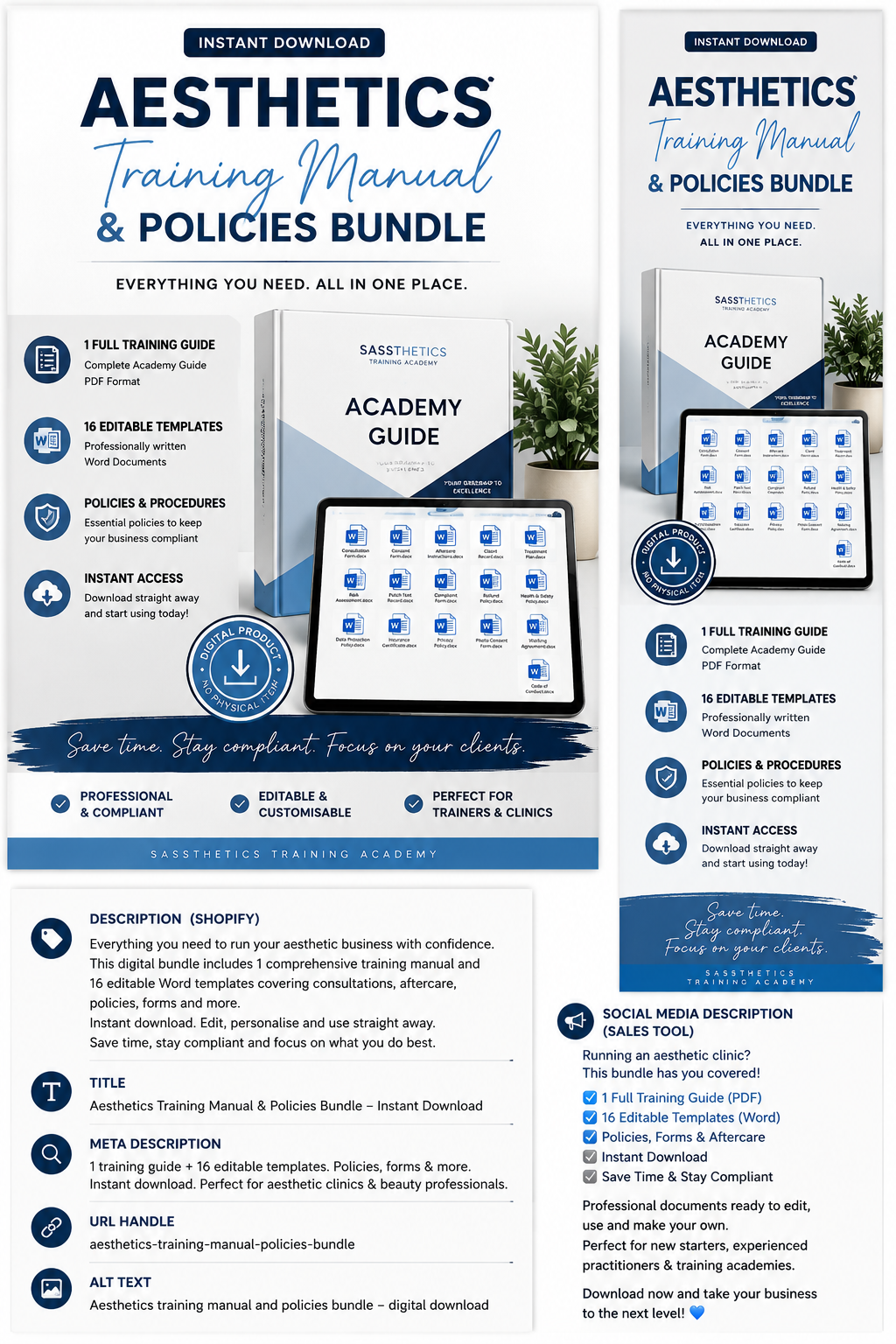 Sassthetics digital download guide showing how to start a beauty and aesthetics training academy with 16 editable templates.